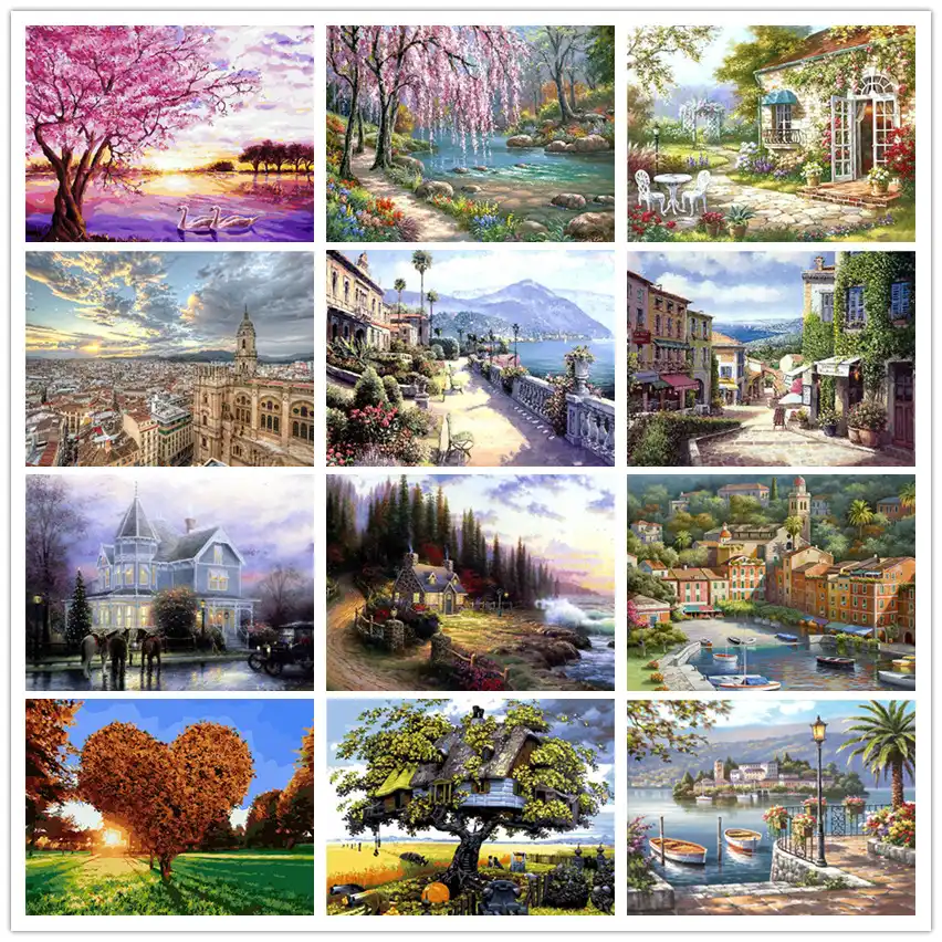 landscape swan lake painting digita oil painting home decoration