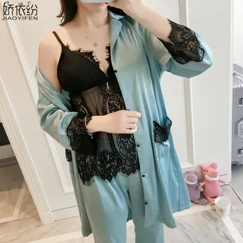 Ladies luxury satin sleepwear sexy black lace sling 3pieces comfortable home wear pajama set seasons silk v-neck vest+coat+pants
Ladies luxury satin sleepwear sexy black lace sling 3pieces comfortable home wear pajama set seasons silk v-neck vest+coat+pants