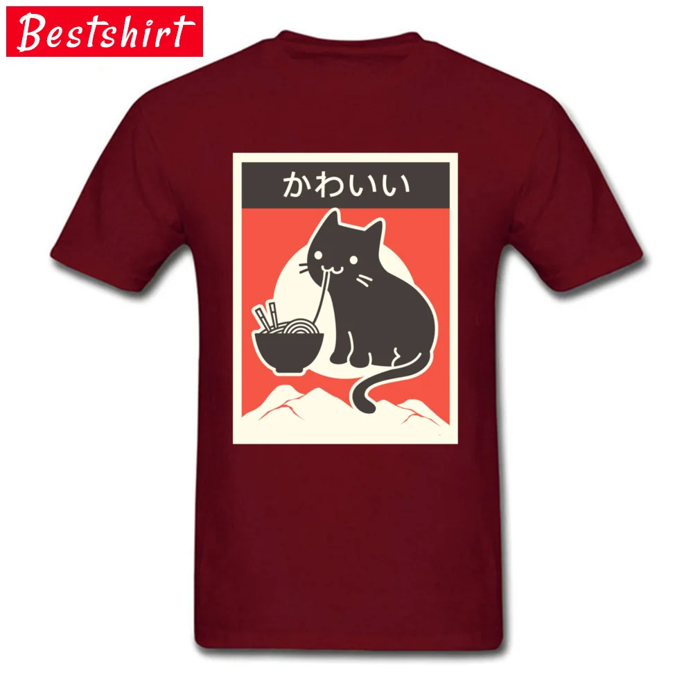 Pure Cotton Men Short Sleeve Party T Shirt Casual Tops Tees Hip Hop Cool O Neck T Shirt Top Quality Kawaii Vintage Style Japenese Ramen Cat 4642 maroon