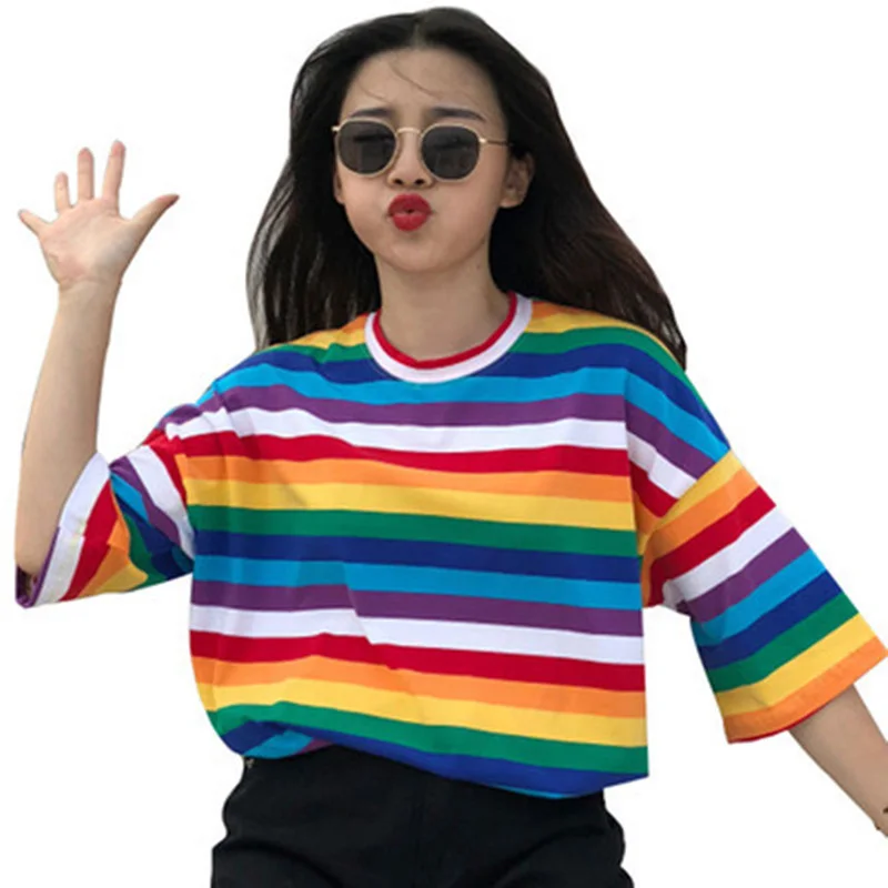 New T Shirt Women Rainbow Striped Tops Harajuku Tshirt 2019 Summer Short Sleeve Korean Punk T-shirt camiseta feminina
New T Shirt Women Rainbow Striped Tops Harajuku Tshirt 2019 Summer Short Sleeve Korean Punk T-shirt camiseta feminina
