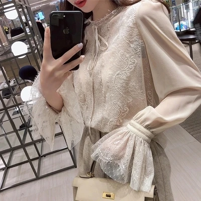 Новинка весны 2019 шифоновая рубашка Феи Blusa Feminina кружевная блузка с расклешенными