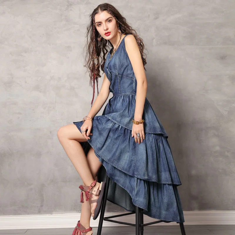 Vintage Denim Summer Dress 2019 Women Sleeveless Lady Ruffles Cake Midi Irregular Mermaid Party Dresses
Vintage Denim Summer Dress 2019 Women Sleeveless Lady Ruffles Cake Midi Irregular Mermaid Party Dresses