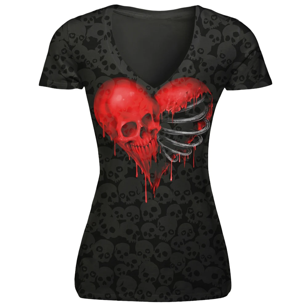 Summer Sexy Heart Shape Skull 3d Print Shirt Women Short Sleeve V-Neck T Shirt Black Stretch Spandex Tees Punk Rock Tops
Summer Sexy Heart Shape Skull 3d Print Shirt Women Short Sleeve V-Neck T Shirt Black Stretch Spandex Tees Punk Rock Tops