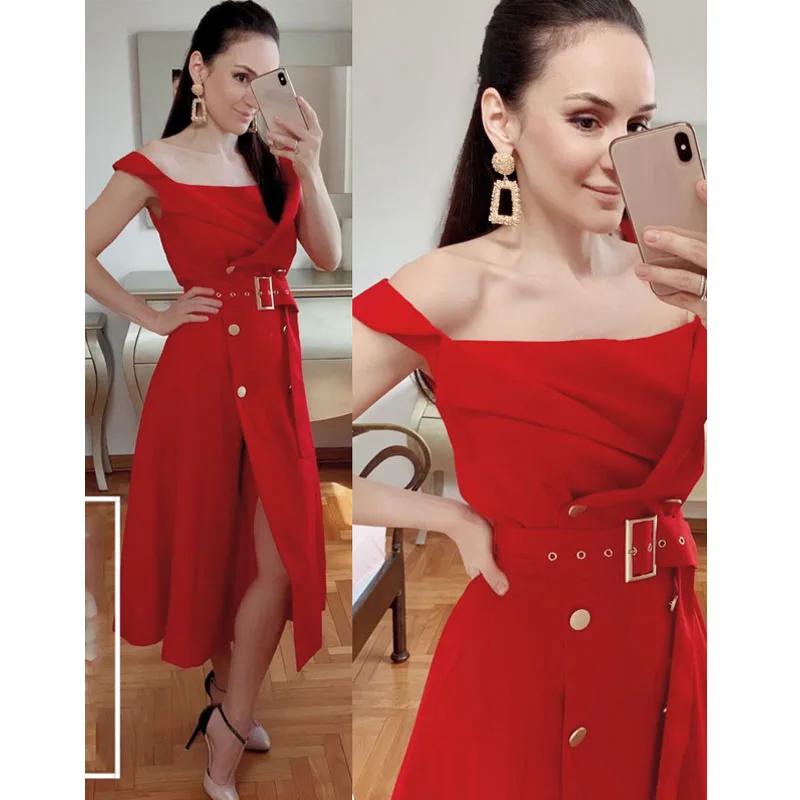 New Arrival 2019 Summer Clothes Women Sexy Slash Neck Off Shoulder Solid Dress High Waist Fashion Sashes Mid Calf A Line Dresses
New Arrival 2019 Summer Clothes Women Sexy Slash Neck Off Shoulder Solid Dress High Waist Fashion Sashes Mid Calf A Line Dresses
