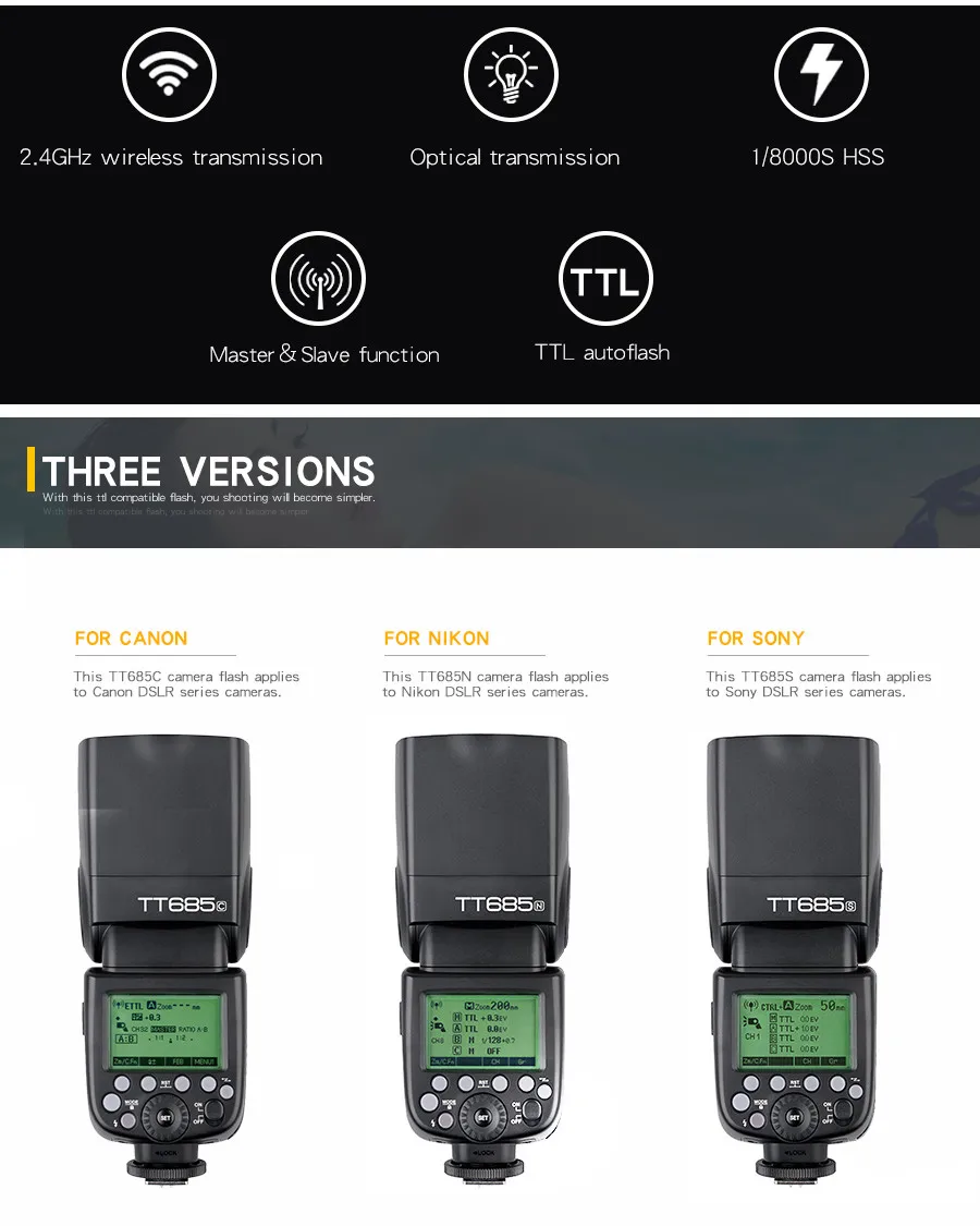 Godox TT685 TT685C TT685N TT685S TT685F TT685O Flash TTL HSS Camera Flash speedlite for Canon Nikon Sony Fuji Olympus Camera