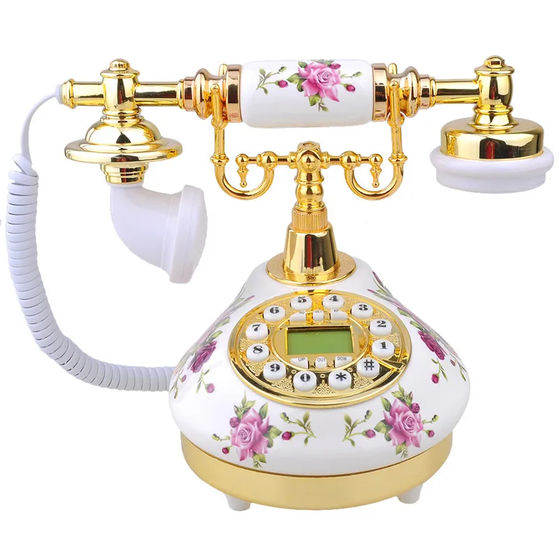 Image Retro Vintage Antique Style Floral Ceramic Decoration Crafts Desk Telephone Phone  with real telephone function home decor