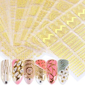 Golden 3D Nail Art Adhesive Stickers Geometric Stripes Line Design Foils Sliders For Nails Decoration Decal Manicure TRBP301-316