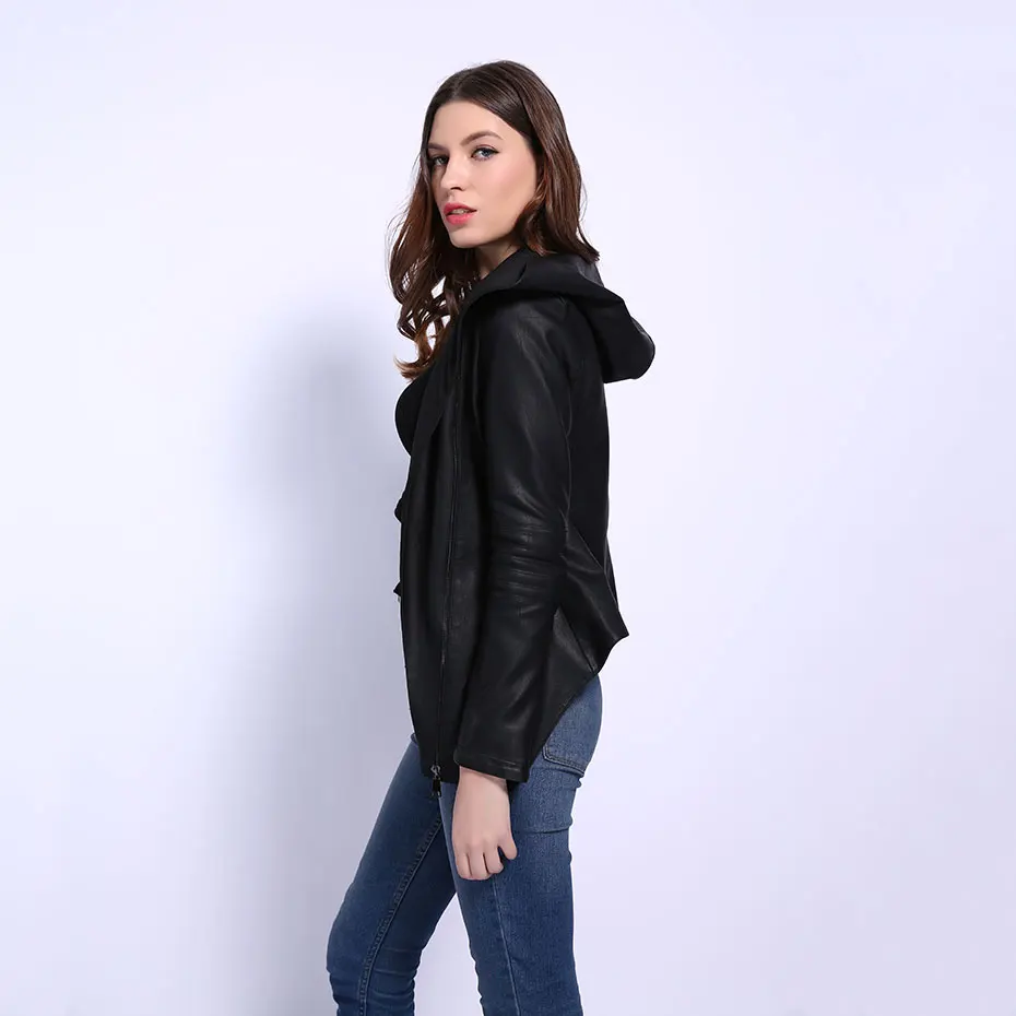 AORRYVLA 2020 New Autumn Women Slim Leather Jacket Hoodies Full Sleeve Short Length Casual Black Faux Leather Jacket With Belt