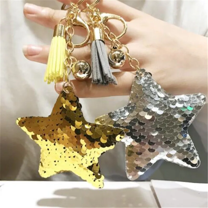 WKOUD Star Tassel Keychain Glitter Pompom Sequins Key Chain Gifts for Women Llaveros Mujer Handbag Accessories Ring Chaveiro | Украшения и