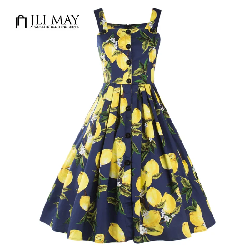 JLI MAY Women vintage dress Spaghetti Strap Lemon print Button Sleeveless midi summer style sundress 50s party elegant dresses
JLI MAY Women vintage dress Spaghetti Strap Lemon print Button Sleeveless midi summer style sundress 50s party elegant dresses