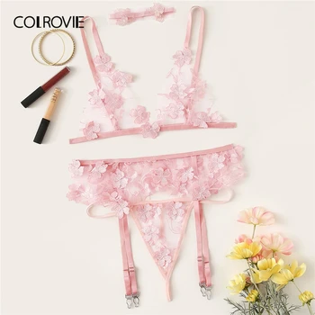 

COLROVIE Pink Applique Sheer Lace Lingerie Set With Choker Women See Through Intimates 2019 Transparent Underwear Bra And Briefs