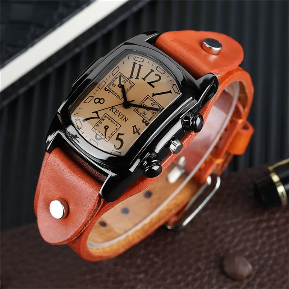 KEVIN Male Arabic Number Wrist Watch Sport Fashion Men Casual Cool Simple PU Leather Band Strap Gift Quartz Punk Rectangle Dial (4)