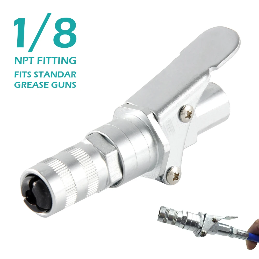 

Heavy-Duty Quick Release Grease Gun Coupler Onto Fittings 10,000 PSI 1/8" NPT Self-Locking Two Press Easy To Push