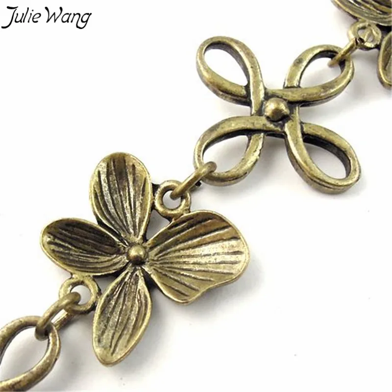 

Julie Wang 1PCS Long Chain Necklace Antique Bronze Flower Chinese Knot Combined Link Vintage Zinc Alloy Punk Necklace Chain