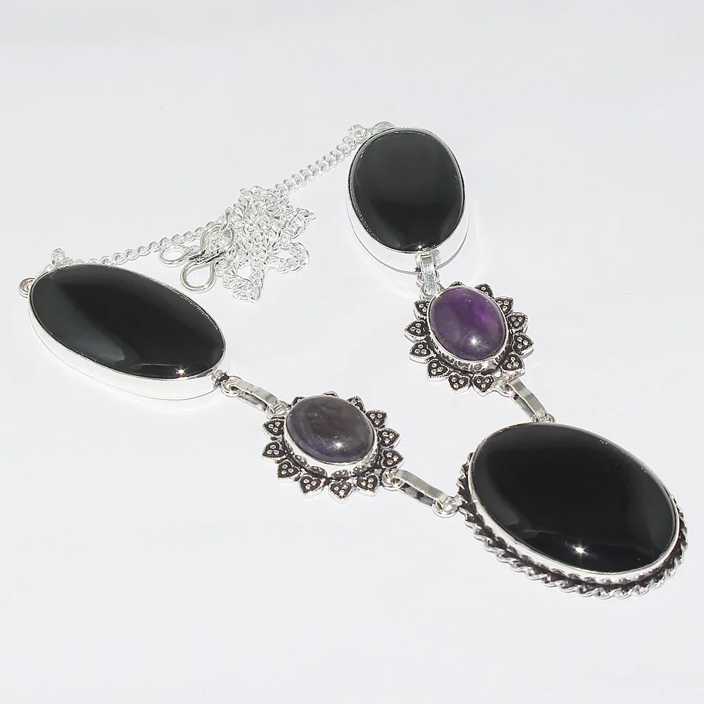 Ожерелье из серебра черного оникса и аметиста покрытое медью 41 7 см N2148 | Украшения