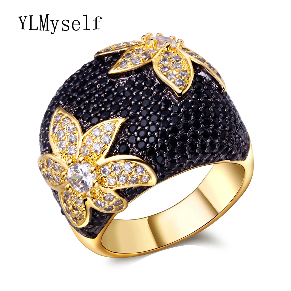 

Big Black flower finger ring Jewellery CZ crystal Stones Gold color Large rings for women fashion jewelry luxury accessories