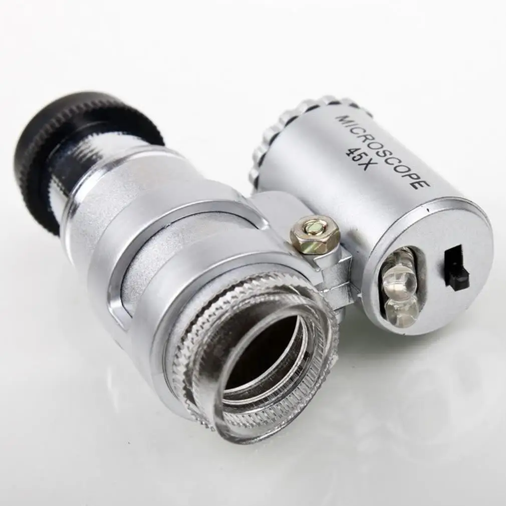 Silver Portable 45X 2 LED Pocket Mini Microscope Magnifier Jeweler Loupes Glass Lens High Quality
Silver Portable 45X 2 LED Pocket Mini Microscope Magnifier Jeweler Loupes Glass Lens High Quality