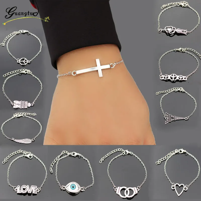 Фото Women Charm Cross Bracelets Link Chain Love Heart Bracelet Bangle Leaf Angle Wing Adjustable Men Jewelry 2020 Christmas Gift | Украшения и