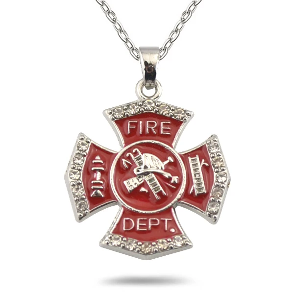 

RAINXTAR Fashion Alloy Red Enamel Fire Dept Pendant Necklace For Firefighter Kids Necklaces FN067