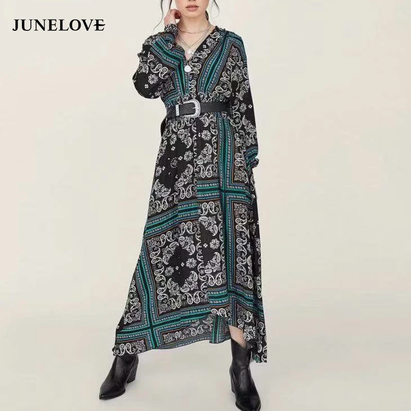 JuneLove Women Elastic Waist Long Sleeve Asymmetrical Dress Vintage Print Female Long Dress Casual Retro Lady V-Neck Maxi Dress
JuneLove Women Elastic Waist Long Sleeve Asymmetrical Dress Vintage Print Female Long Dress Casual Retro Lady V-Neck Maxi Dress