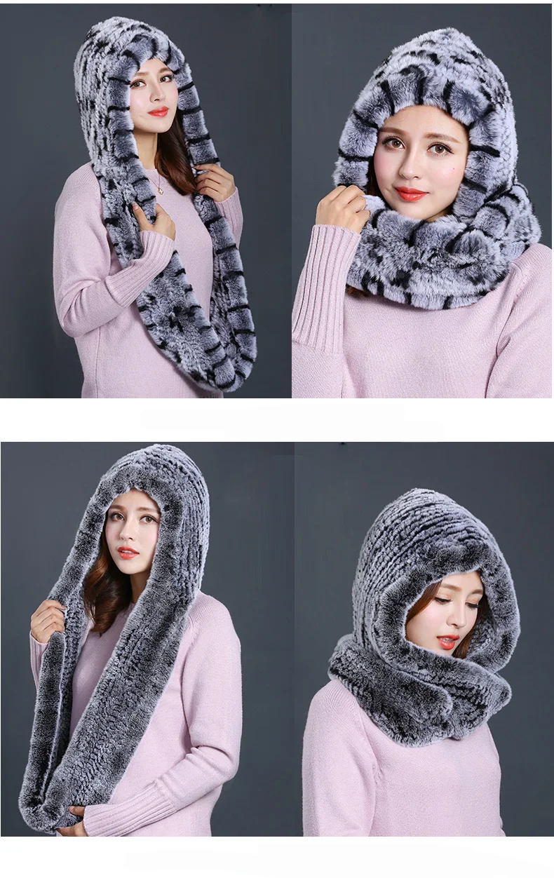 Hat Women 2017 New Knitted Real Rex Rabbit Fur Hat Hooded Scarf Winter Warm Natural Fur Hat With Neck Scarves (12)