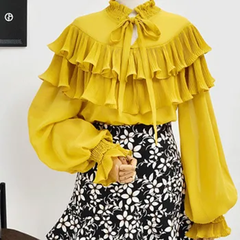 Spring Sweet Over size Chiffon Shirts Lace-up Pleated Blouses OL Ruffles bowknot fold Petal collar Tops 2018 Summer
Spring Sweet Over size Chiffon Shirts Lace-up Pleated Blouses OL Ruffles bowknot fold Petal collar Tops 2018 Summer
