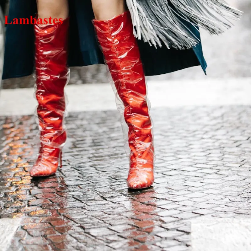 2018 New Spring Red Women Boots Pvc Transparent Silk Square Toe Knee High Women Boots Rome Thin High Heel Walkway Shoes Women 
2018 New Spring Red Women Boots Pvc Transparent Silk Square Toe Knee High Women Boots Rome Thin High Heel Walkway Shoes Women