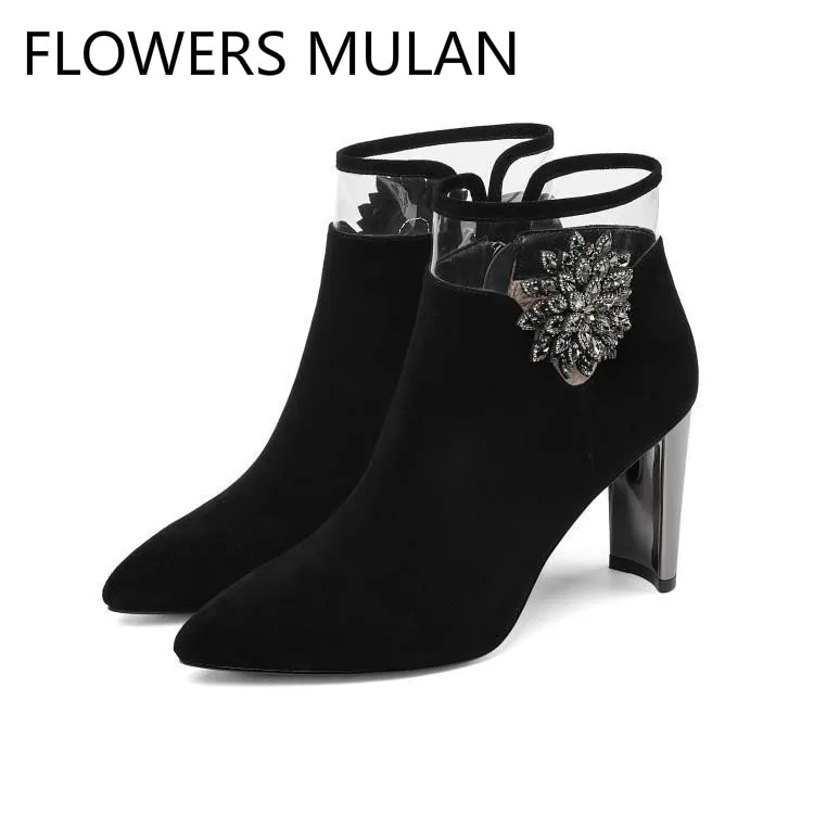 Fashion Patchwork Black Suede Transparent PVC Upper Ankle Boots for Women Round Toe High Strange Heel Crystal Zapatos De Mujer
Fashion Patchwork Black Suede Transparent PVC Upper Ankle Boots for Women Round Toe High Strange Heel Crystal Zapatos De Mujer