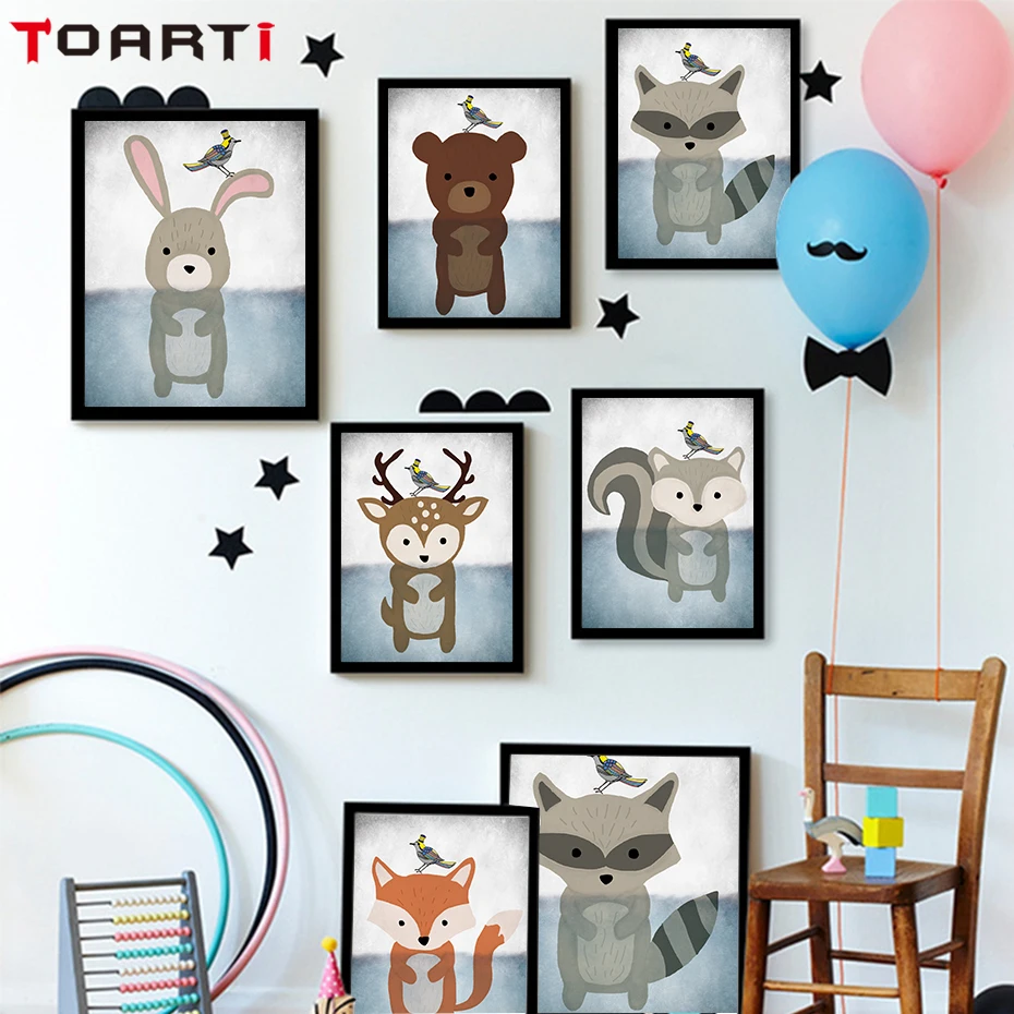 Мультфильм Животные Плакаты и принтов Art Холст Картина медведь лиса кролик A4