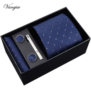 

Vangise Promo Men's Tie 8cm width Blue plaid Formal Necktie Handkerchief Cufflinks&clips Sets Discount Neckties for Wedding