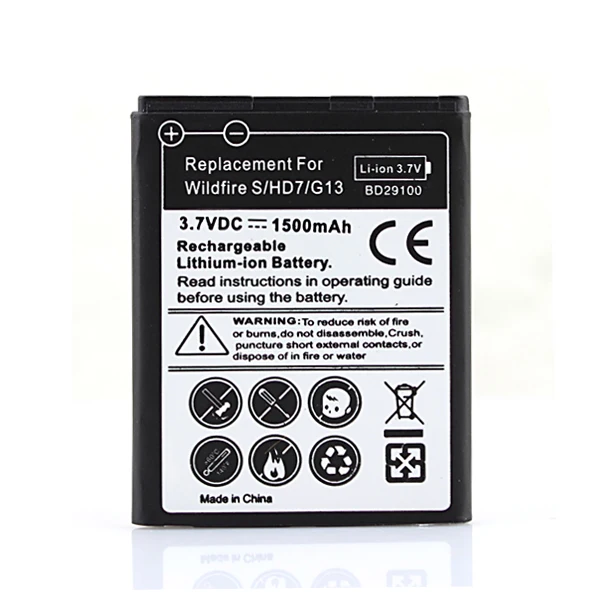

High Quality 3.7V Replacement 1500mAh Battery For HTC HD3 HD7 T9292 Wildfire S G13 A510E Rechargeable Commercial Batteries