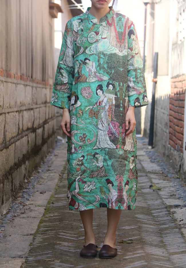 Chinese Vintage Beauty Character Print Stand Collar Slant Beads Button Ramie Linen Dress, Summer Thin Cool Retro Pattern Dresses
Chinese Vintage Beauty Character Print Stand Collar Slant Beads Button Ramie Linen Dress, Summer Thin Cool Retro Pattern Dresses