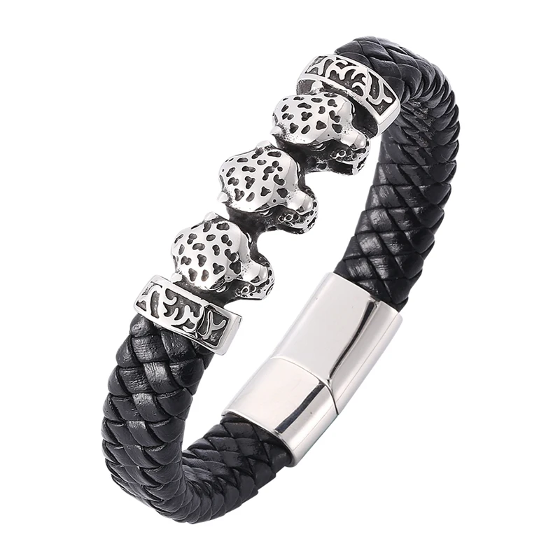 Punk Men Jewelry Braided Leather Bracelet Stainless Steel Magnetic Buckle Bangles Leopard Animal Bracelet Male Wristband PW791
Punk Men Jewelry Braided Leather Bracelet Stainless Steel Magnetic Buckle Bangles Leopard Animal Bracelet Male Wristband PW791