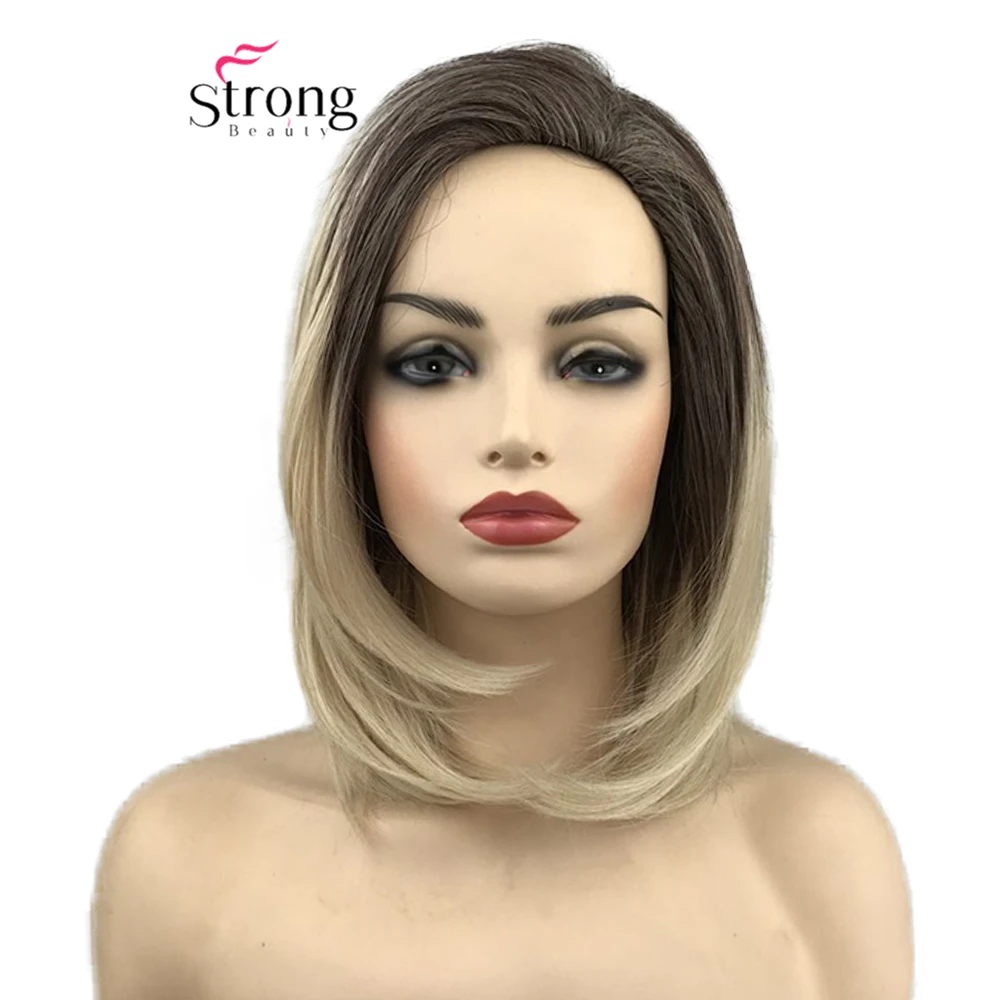 

StrongBeauty Short Ombre Brown Blonde Straight Bob Hair Wig Synthetic Wigs for Women