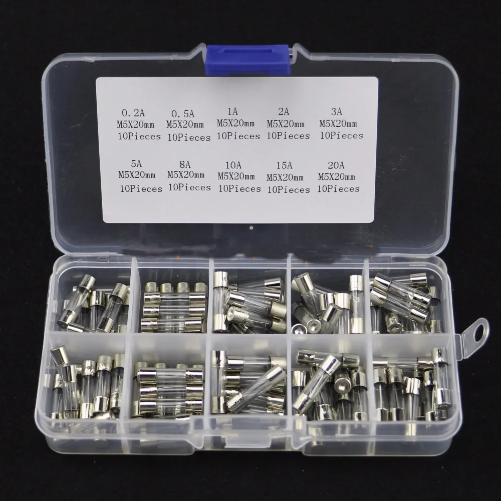 

Free shipping 100pc glass fuse kit 5x20mm 5*20mm glass fuse package 0.2A~20A 10value*10pc