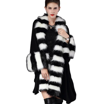 

2017 Plse Size Winter Faux Shealing Sheepskin Fox Fur Coats Knit Cardigan Shawl Cloak Women Ponchos and Capes AS1017