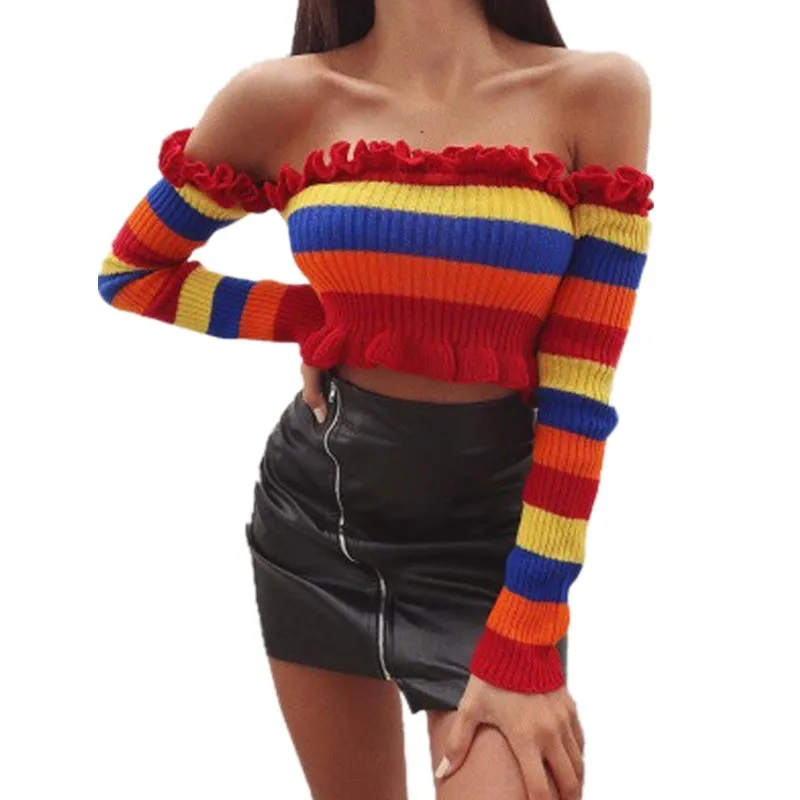 Sexy Off Shoulder Striped T Shirt Women Long Sleeve Bodycon Knitted TShirt Rainbow Stripe Ladies Top Autumn Tee Tops For Women
Sexy Off Shoulder Striped T Shirt Women Long Sleeve Bodycon Knitted TShirt Rainbow Stripe Ladies Top Autumn Tee Tops For Women