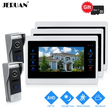 

JERUAN 720P AHD 10 INCH Video Doorbell Unlock Intercom System 3 Record Monitor +2 HD COMS 1.0MP Camera With Motion Detection 2V3