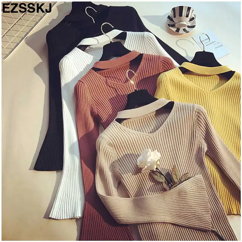fashion halter knitted sweater women Autumn winter pullover female tops Slim v neck black jumper casual pull femme flare sleeve
fashion halter knitted sweater women Autumn winter pullover female tops Slim v neck black jumper casual pull femme flare sleeve