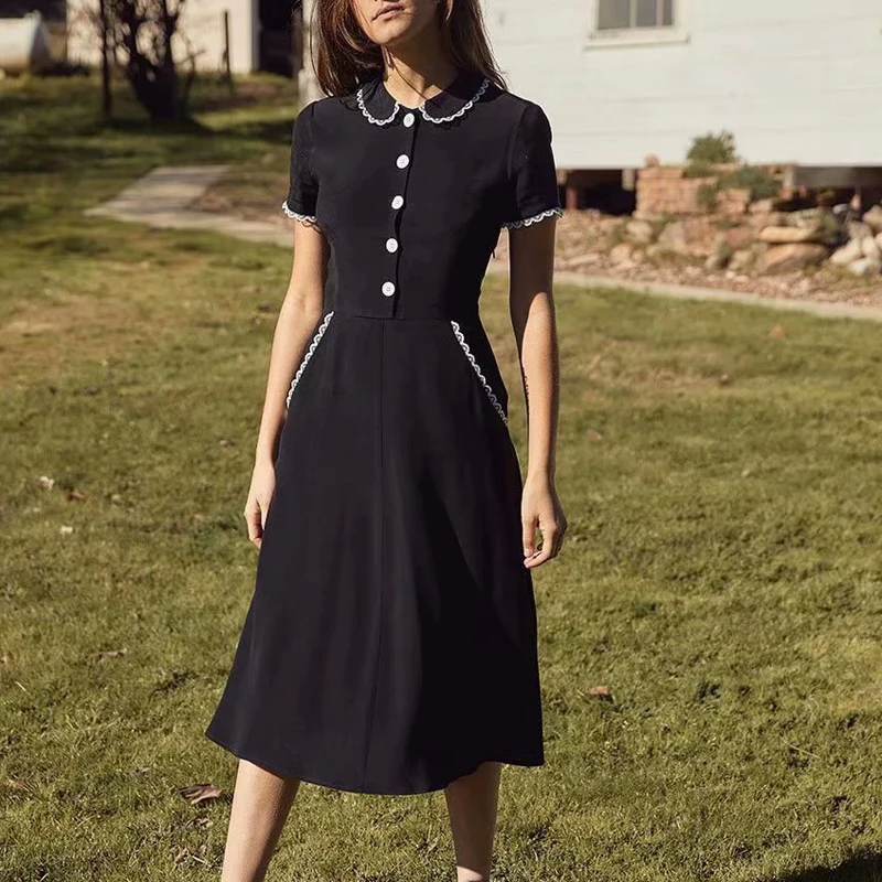 French Style Women Short Sleeve Lace Patchwork Black Slim A-line Knee-length Dress Slim Elegant Peter Pan Collar Dress
French Style Women Short Sleeve Lace Patchwork Black Slim A-line Knee-length Dress Slim Elegant Peter Pan Collar Dress