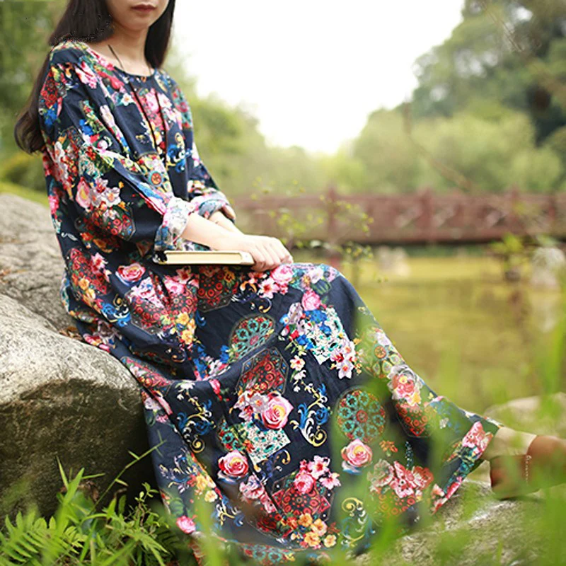 2018 Autumn Casual Loose Long Sleeve Floral Cotton Linen Women Long Maxi Dress Plus Size Femme Robe Kaftan Ethinc Floor Dresses
2018 Autumn Casual Loose Long Sleeve Floral Cotton Linen Women Long Maxi Dress Plus Size Femme Robe Kaftan Ethinc Floor Dresses