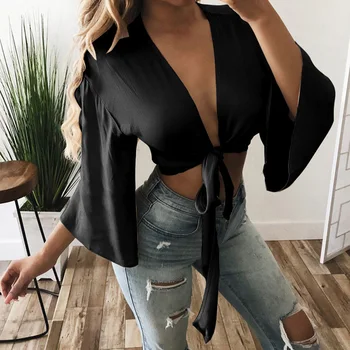 2019 Summer Crop Sexy Women Tops Deep V-Neck Sexy Women Blouses Shirts Casual Slim Solid Bow Tie Flare Sleeve Black Shirts Roupa
2019 Summer Crop Sexy Women Tops Deep V-Neck Sexy Women Blouses Shirts Casual Slim Solid Bow Tie Flare Sleeve Black Shirts Roupa