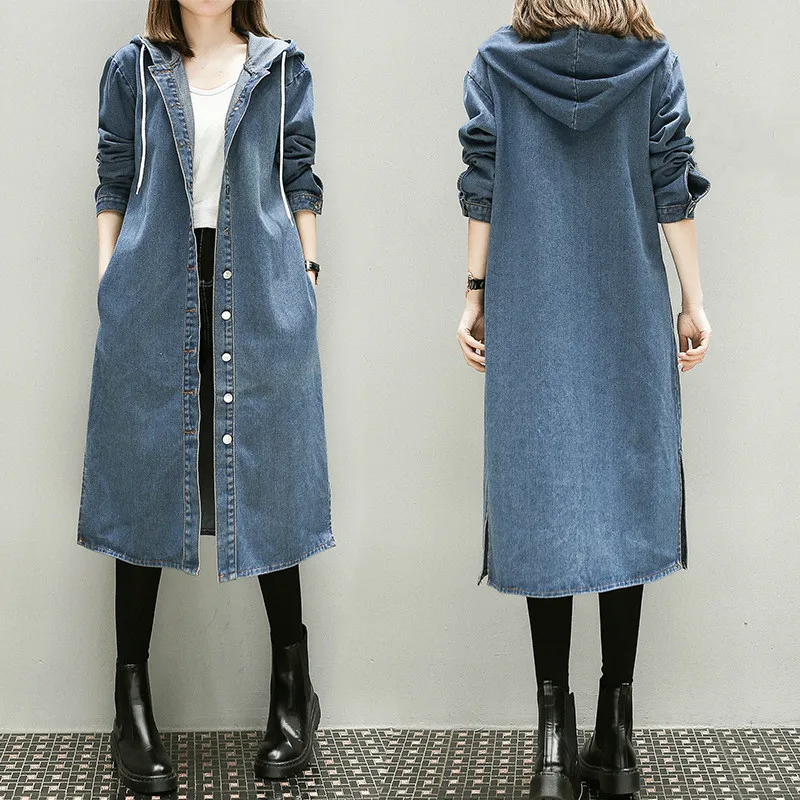 Girls Autumn Long Sleeve Large Size 3xl 4xl 5xl Women Long Denim Windbreaker Female Overcoat Hooded Blue Trench Coat Streetwear
Girls Autumn Long Sleeve Large Size 3xl 4xl 5xl Women Long Denim Windbreaker Female Overcoat Hooded Blue Trench Coat Streetwear