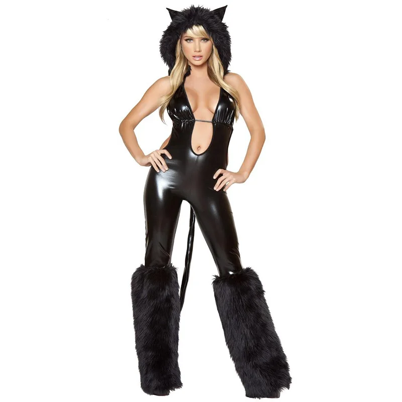 2017 New Sexy Halloween Costume For Women Vinyl Jumpsuit With Hat Role-Play...