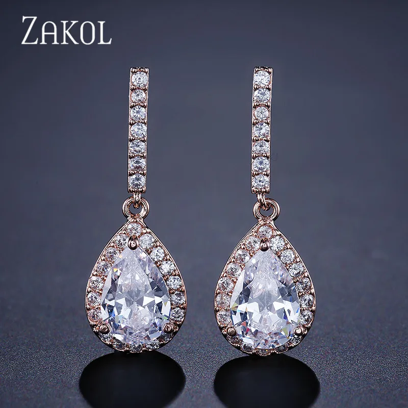 

ZAKOL Eternity Big Teardrop Cubic Zirconia Micro Inlay Dangle Earring With Shiny Rose Gold Color For Girl Party FSEP086
