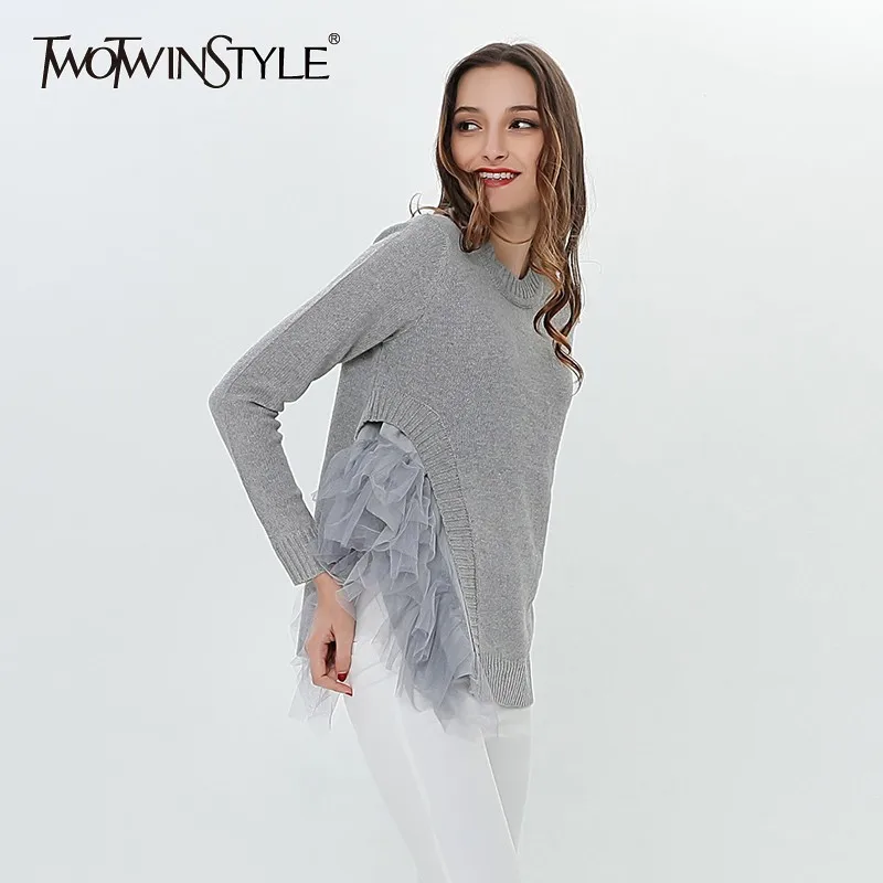 TWOTWINSTYLE Patchwork Mesh Ruffle Sweater For Women Knitted Pullover Female Jumper Black Knitting Tops Large Size Clothing 2019
TWOTWINSTYLE Patchwork Mesh Ruffle Sweater For Women Knitted Pullover Female Jumper Black Knitting Tops Large Size Clothing 2019