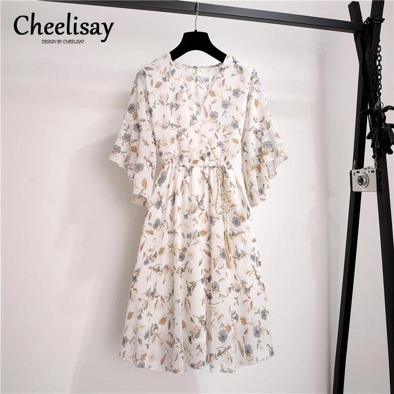 V-neck Chiffon Floral Dress With Short Sleeves Mini Casual Lace-up Lotus Leaf Sleeve Dress Women Sun Elegant Retro Latest 2019
V-neck Chiffon Floral Dress With Short Sleeves Mini Casual Lace-up Lotus Leaf Sleeve Dress Women Sun Elegant Retro Latest 2019