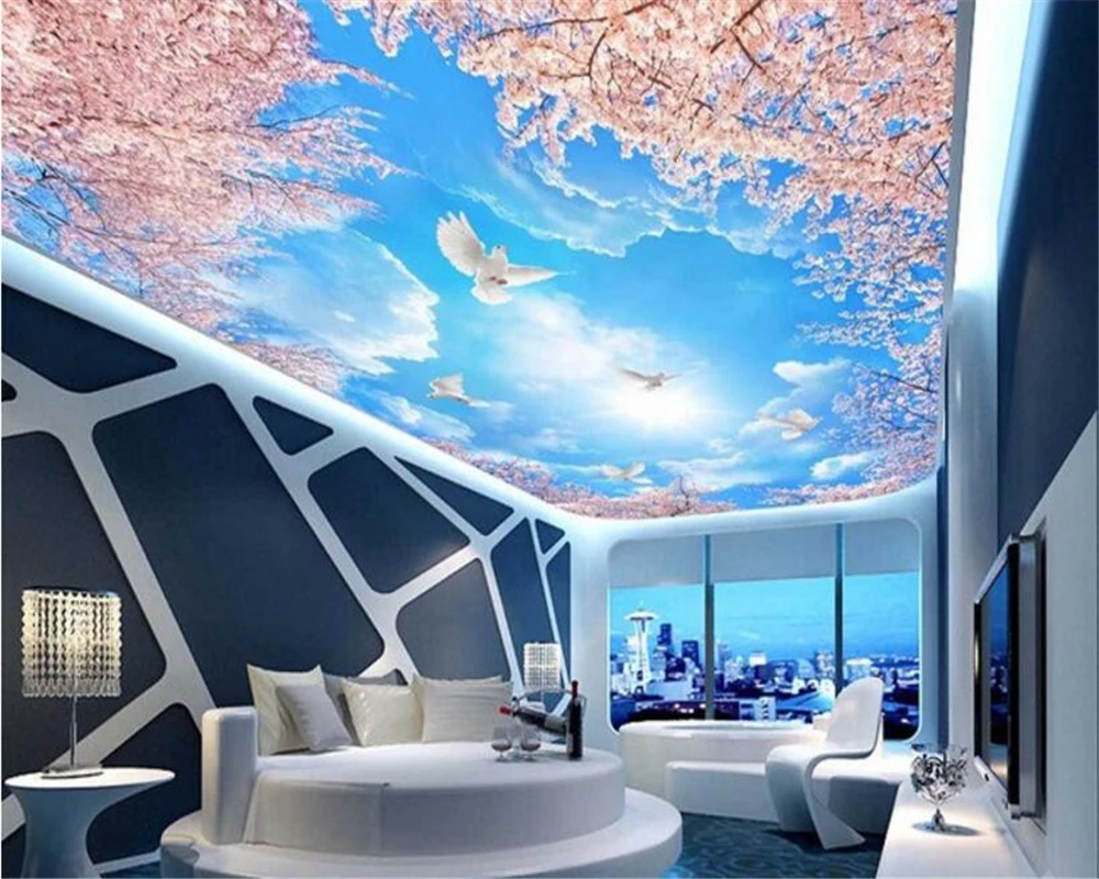 

beibehang Classic modern fashion personality papel de parede 3d wallpaper blue sky white clouds cherry trees 3D zenith murals