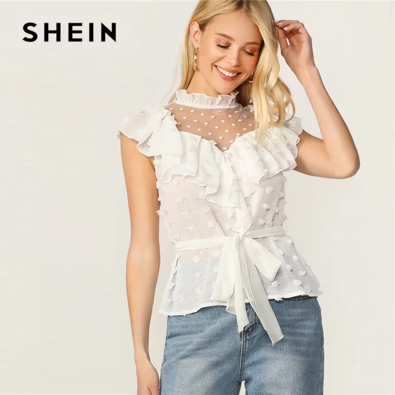 

SHEIN Ruffle Trim Split Back Mesh Yoke Swiss Dot White Blouse Women Clothes 2019 Summer Elegant Solid Stand Collar Ladies Tops