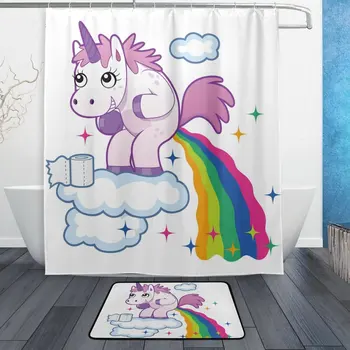 Cute Cartoon Unicorn Animal Shower Curtain and Mat Set, Smiling Unicorn Pooping a Rainbow Waterproof Fabric Bathroom Curtain
Cute Cartoon Unicorn Animal Shower Curtain and Mat Set, Smiling Unicorn Pooping a Rainbow Waterproof Fabric Bathroom Curtain